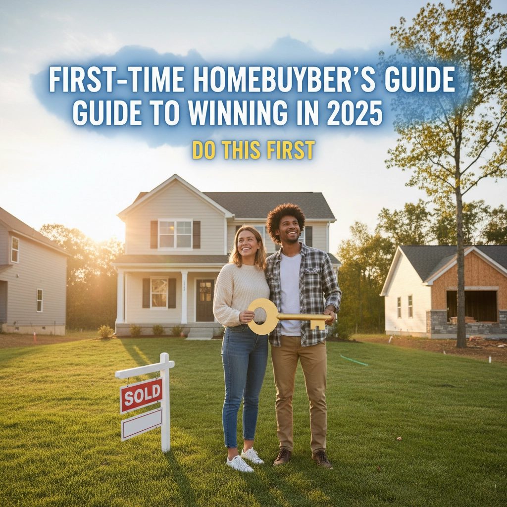 “Young first-time homebuyers happily receiving house keys in 2025” “Calculator, pen, and paperwork representing budgeting for your first home purchase” “Lender shaking hands with homebuyer during mortgage approval process” “Home inspector reviewing property with first-time buyers”
